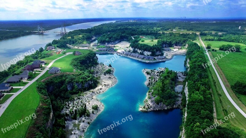 Drone Footage Quarry Blue Water Houses On Water Bridge