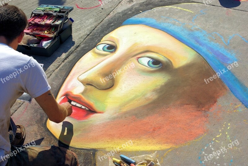 Vermeer Street Drawing Chalk Girl With A Pearl Earring Street Art