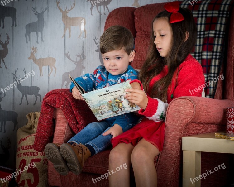 Children Reading Holiday Christmas Book Read