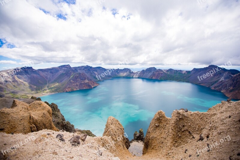 Changbai Mountain Tianchi The Crater Blue Sky White Cloud