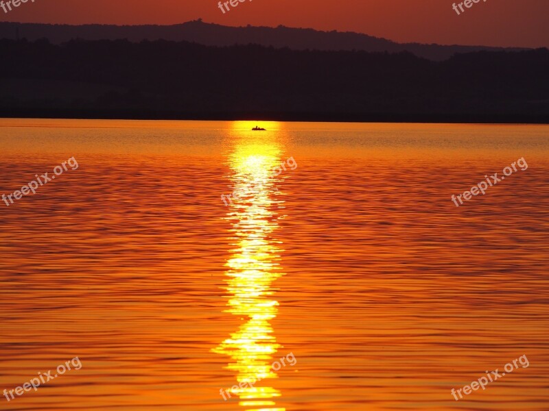 Sunset Lake Velence Red Sky In The Evening Orange Reflects