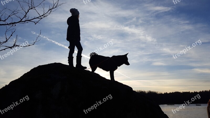 Girl Dog Backlight Winter Light Silouet