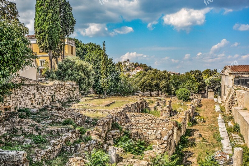 Church Athens Greece Hillside Ruins