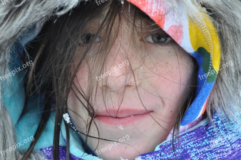 Messy Hair Girl Snow Face Portrait