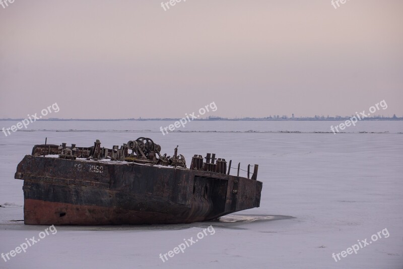 Rusty Ship Boat Volga River Ice