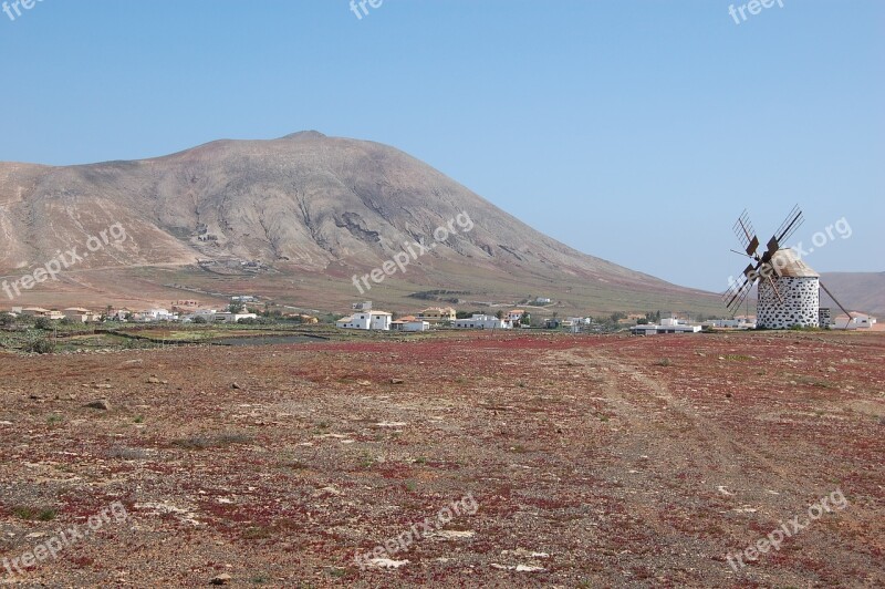 Windmill Fuerteventura Landscape Canary Islands Mountains