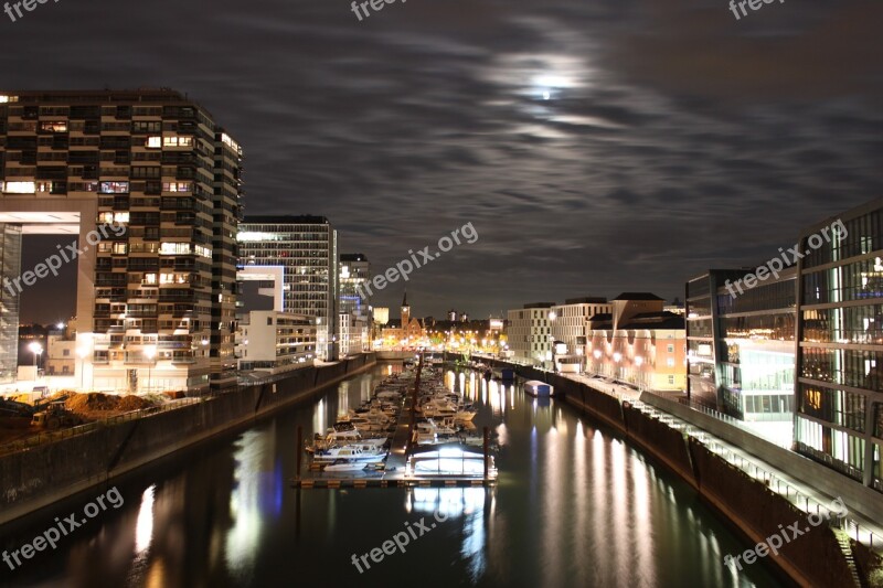 Cologne Rheinauhafen Night Ships Rhine