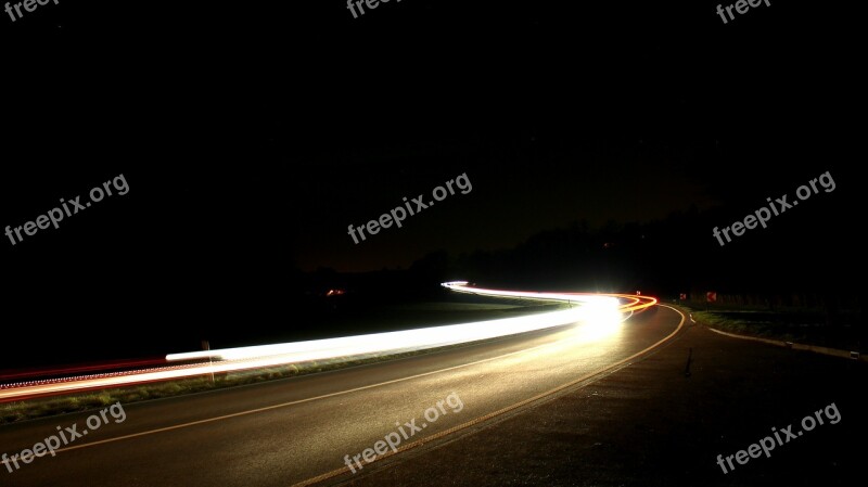 Road Night Light Traces White Long Exposure