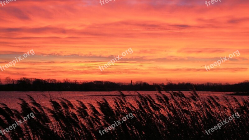 Sunset Trees Lake Waters Silhuette