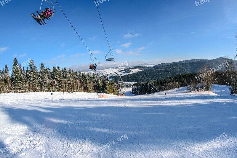 Ski Lift Skis Skiers Mountains Winter