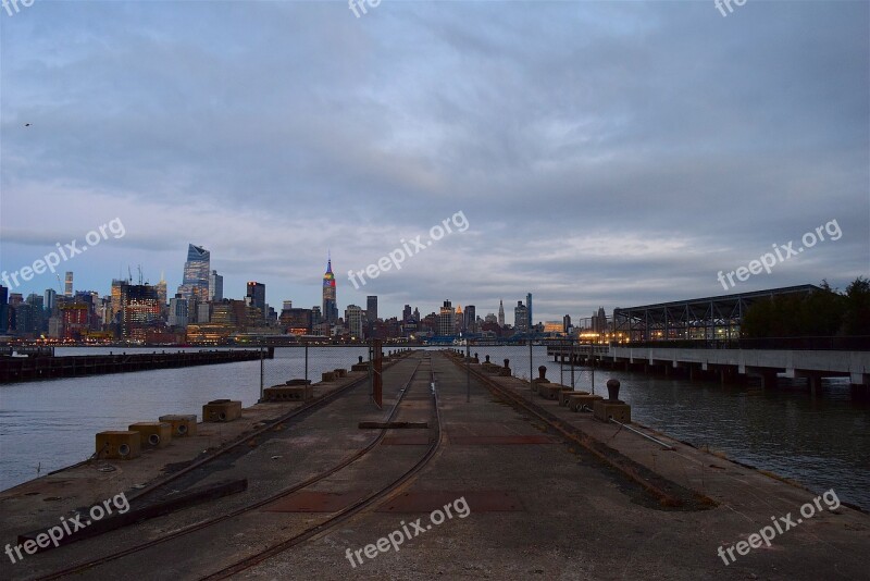 New York City Skyline Twilight Lights Clouds