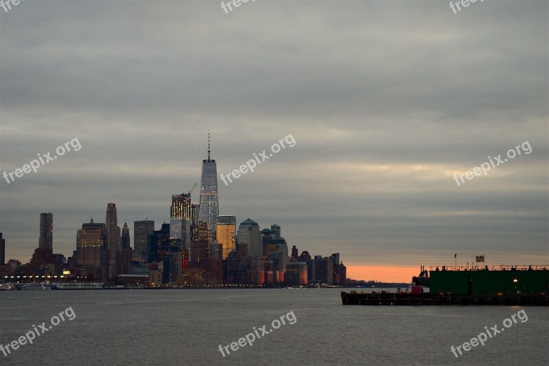 New York City Skyline Twilight Lights Clouds