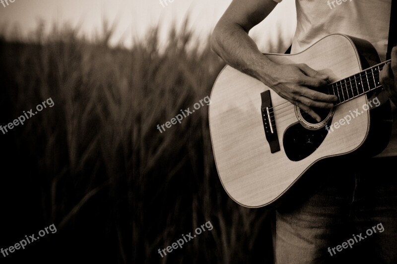 Guitar Sepia Corn Field Playing Guitar Musician