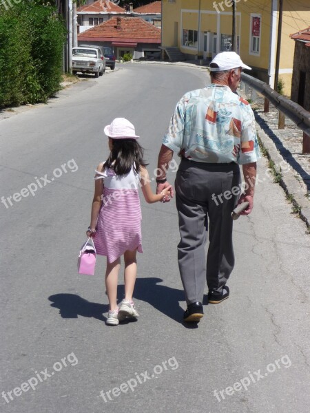 Grandfather Girl Handbag Hold Hands Walk