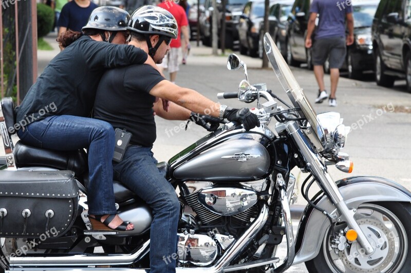 Motorcycle Couple New York Helmets Motorbike