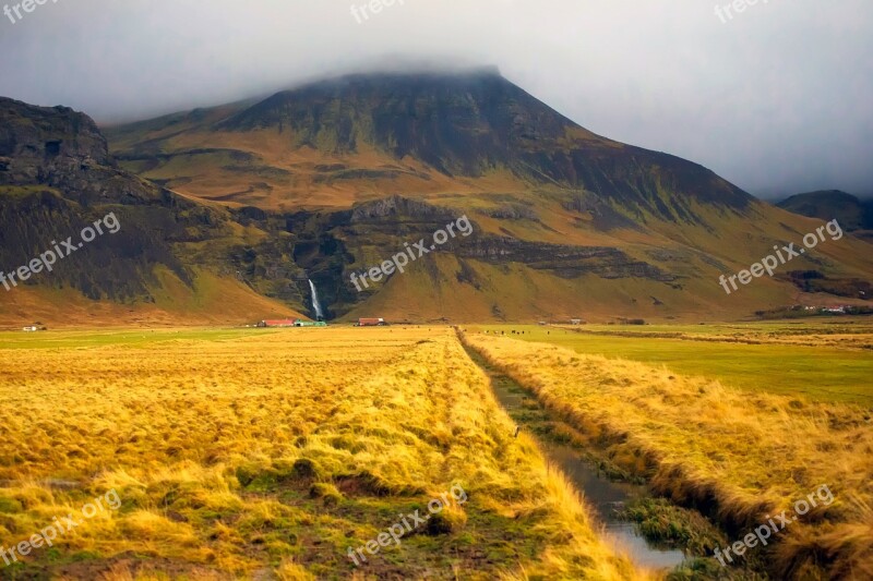 Iceland Mountains Valley Fields Falls