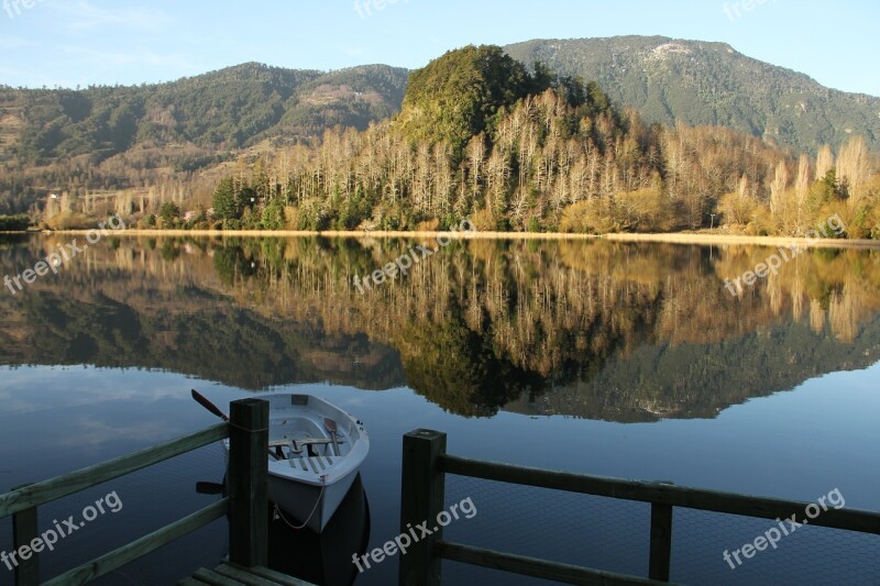 Chile Ancapulli Lagoon Araucania Region Scenery Reflected In Water Native Forest