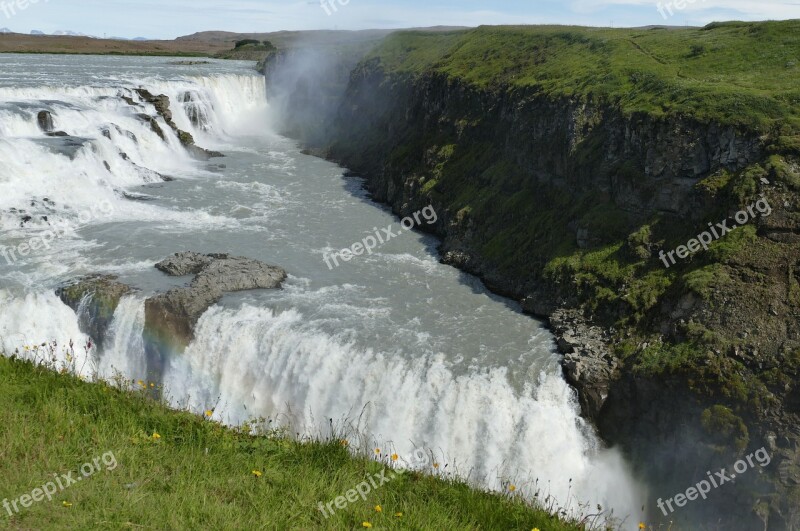 Iceland Gullfoss Waterfall Landscape Nature