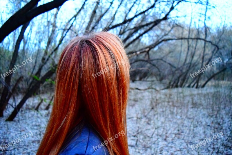 Red Hair Woman Park Nature Winter