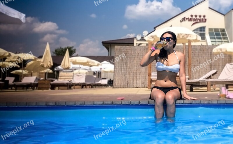 Swimming Pool Sexy Girl Summer Hotel Blue Water