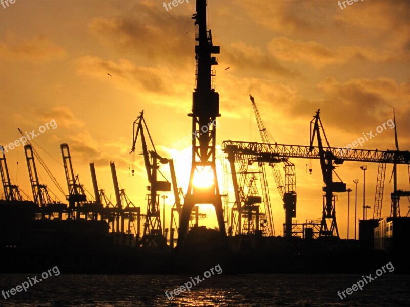 Port Of Hamburg Harbour Cranes Sunset With Silhouette Port Sunset