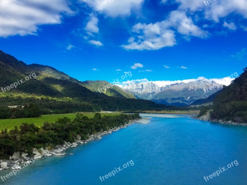 Whataroa River New Zealand Sky Clouds Water