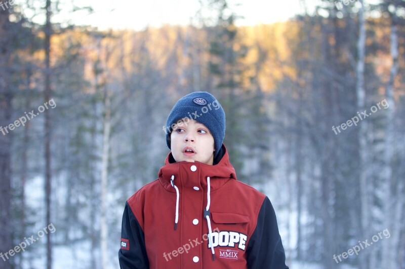 Boy Snow Forest Cold Landscape