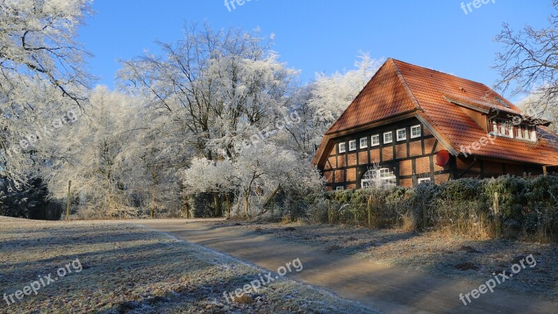 Wintry Winter Mood Farm House In The Winter Fachwerkhaus