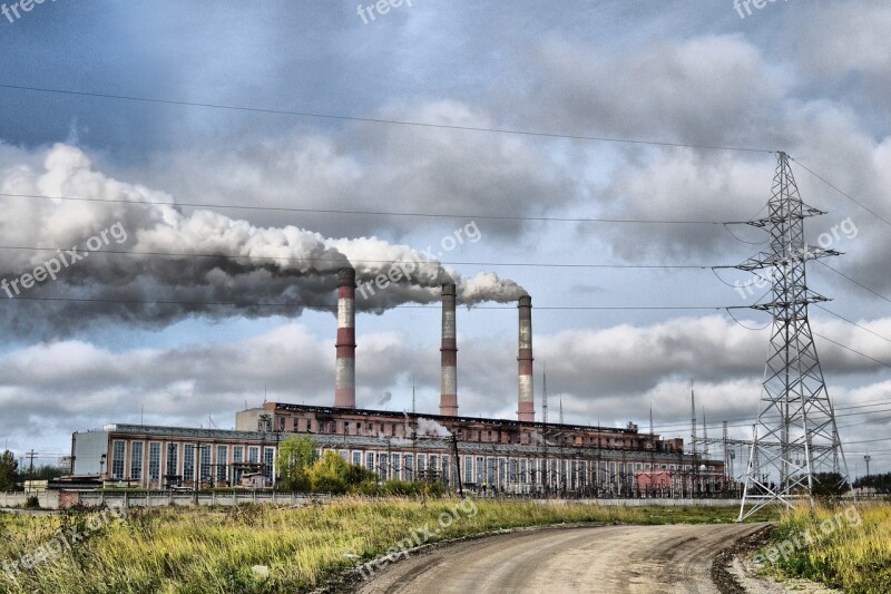 Power Plant Pipe Smoke Clouds Sky