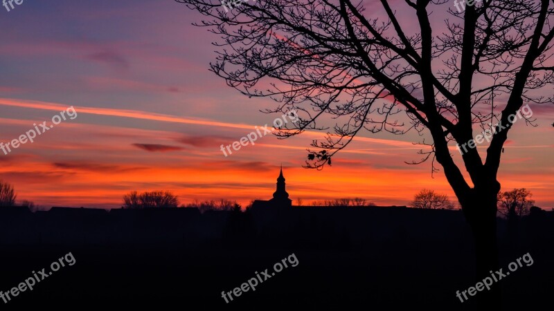 Dusk Winter Evening Church Village Sunset