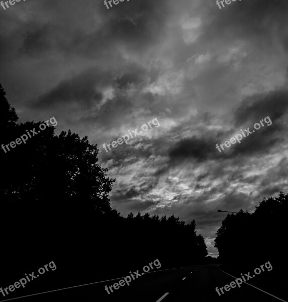 Road Black And White Evening Dark Sky