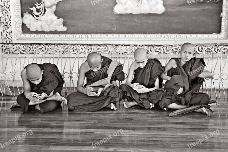 Myanmar Monks Buddhists Smartphones Mobile