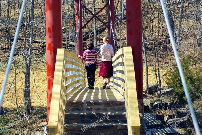 Girls On Lee Creek Footbridge Wood Suspension Bridge Metal