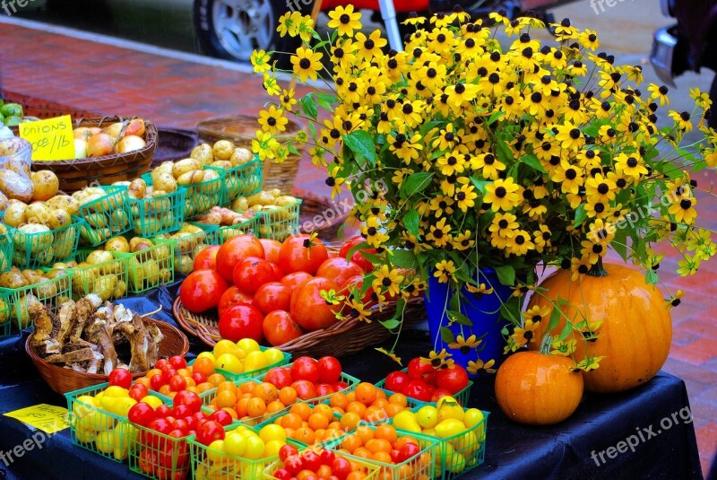 Farmers Market Table Tomatoes Potatoes Sunflowers Blackeyed