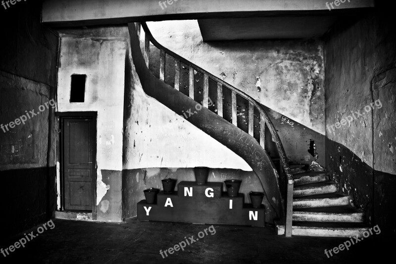 Stairs Black And White Door Building On