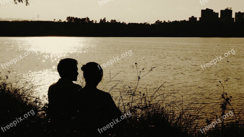 Silhouette Twilight Lake Romantic Evening