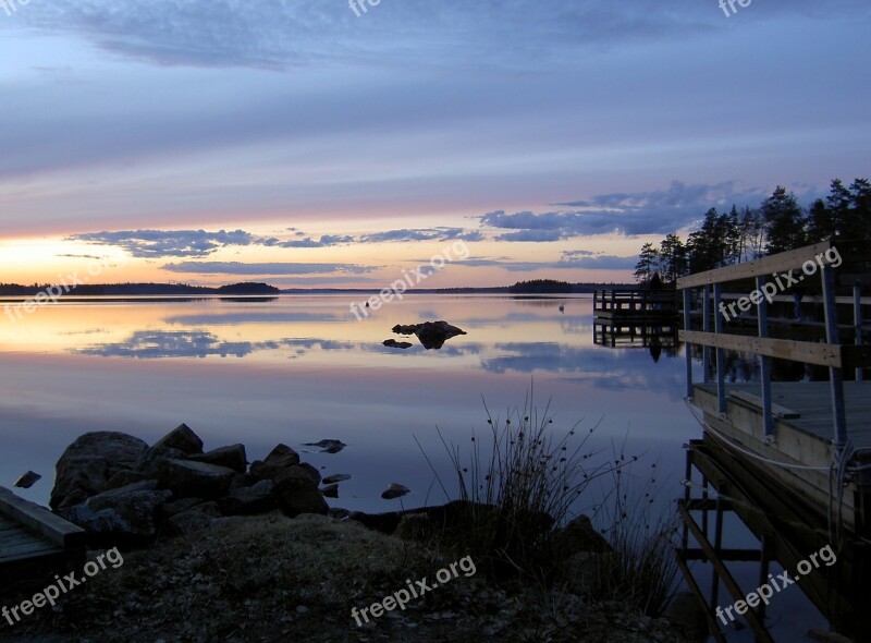 Lake Evening Sun Sunset Sweden A Jetty