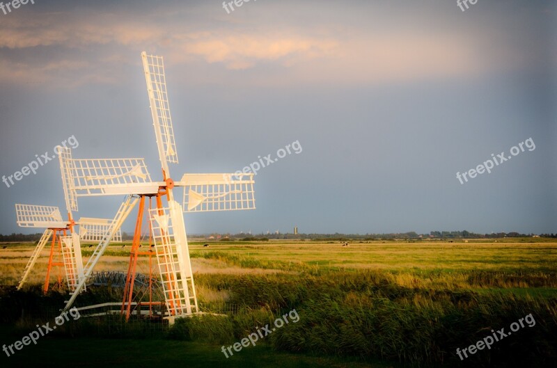 Southern Jutland Dyke Pumps Wind Turbine Dream Evening Sun