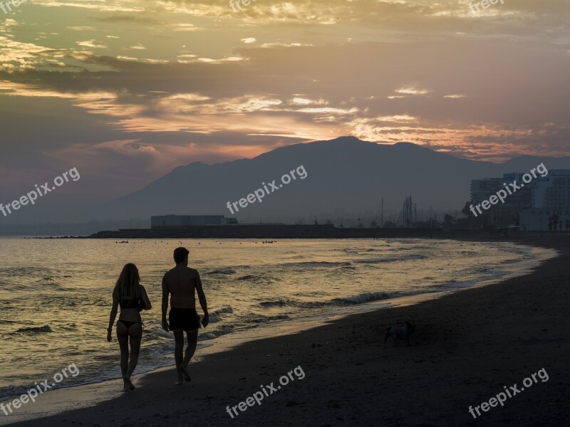 Couple Sunset Beach Romantic Backlight