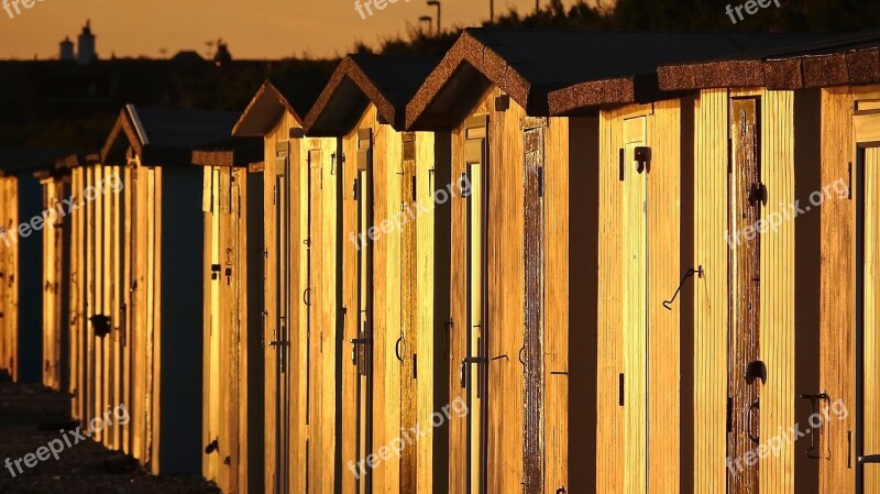 Beach Huts Sunset On The Beach Row Of Beach Huts Tourism Seaside