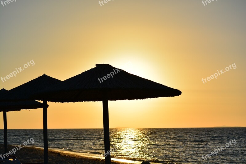 Sunset Sea Parasols Beach Free Photos