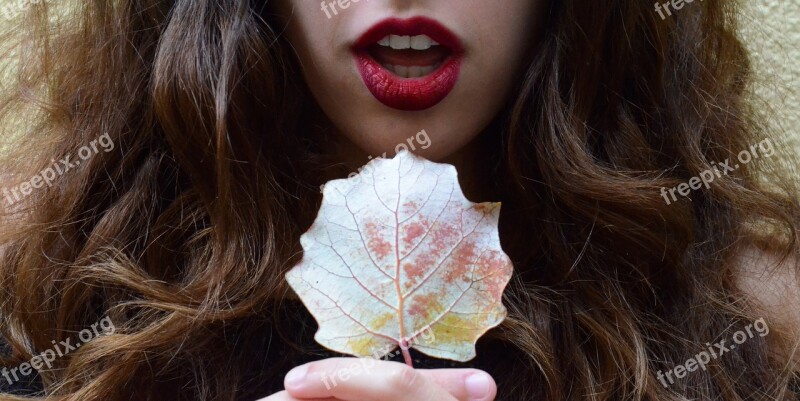 Mouth Red Lipstick Leaf Conceptual Woman