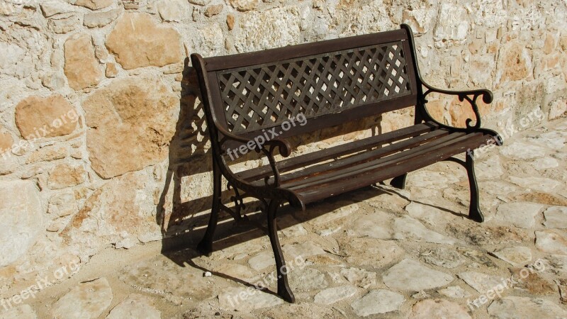 Bench Wooden Wall Stone Built Outdoor