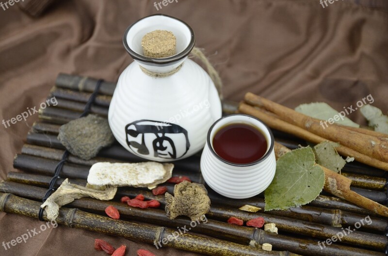 Wine Still Life Medicinal Herbs Tea Bamboo