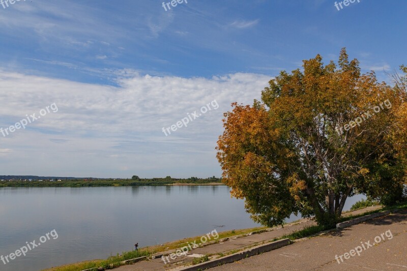 River Sky Tree Autumn Clouds