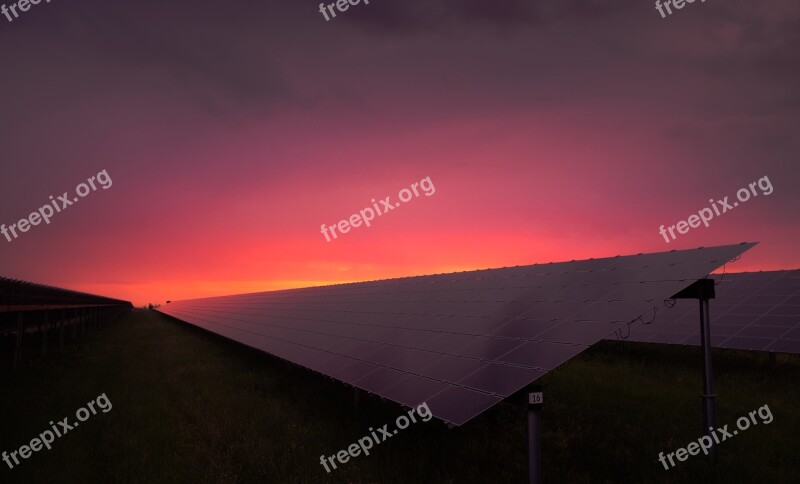 Grass Sky Solar Panels Sunrise Sunset