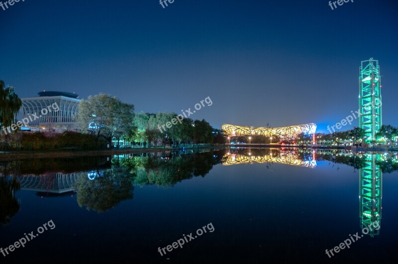 Night View Reflection The Water Beijing Nest