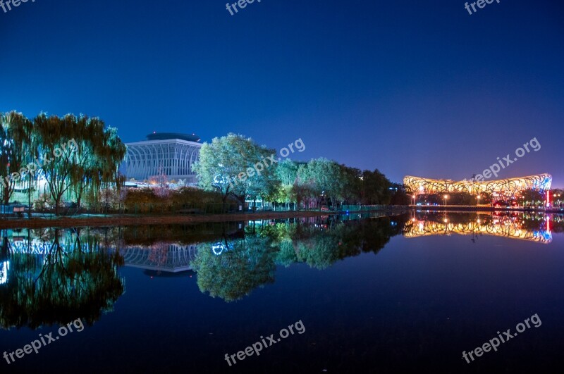 Night View Reflection The Water Beijing Free Photos