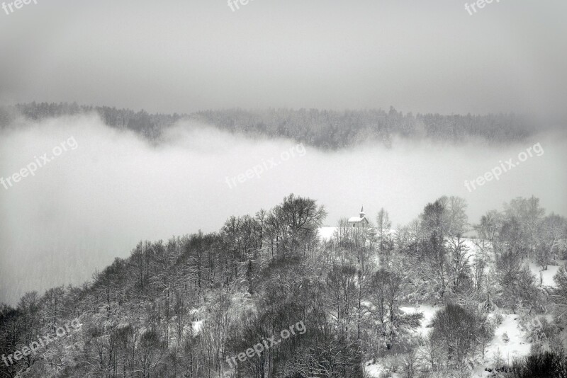 Mountain Chapel Mist Snow Winter