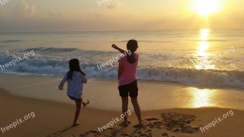 Sea Sandy Beach Morning Children Sunset